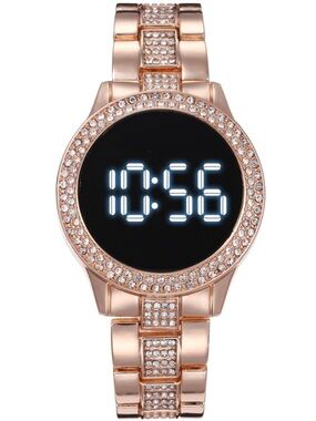 Unisex Women Men Rose Gold Crystal Rhinestone Round LED Metal Strap Timer Watch